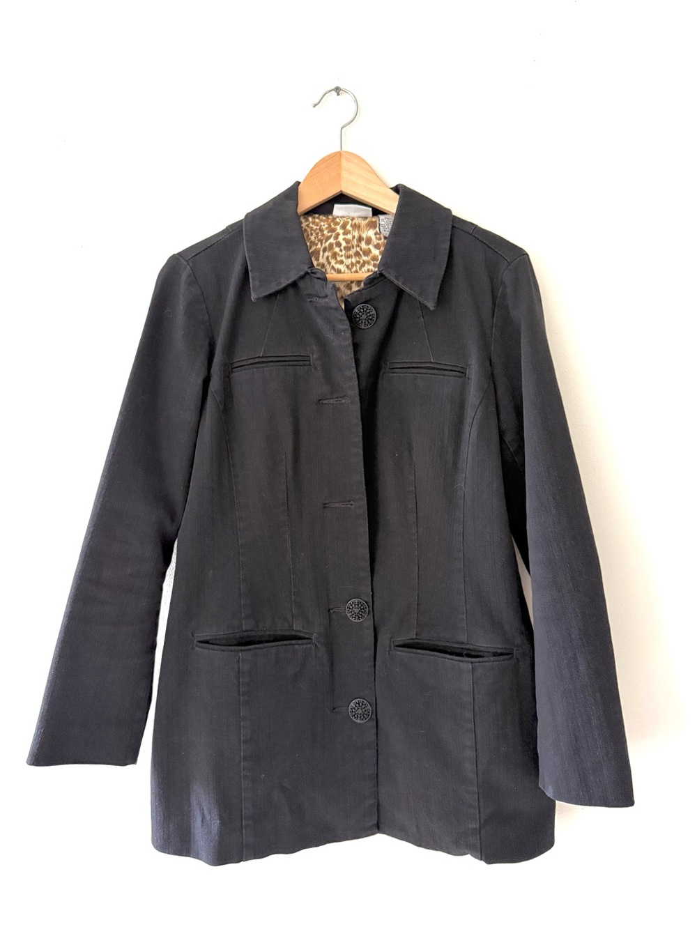 Chico's Platinum Black Button Up Car Coat Leopard  Print Mob Wife Size 1 Medium
